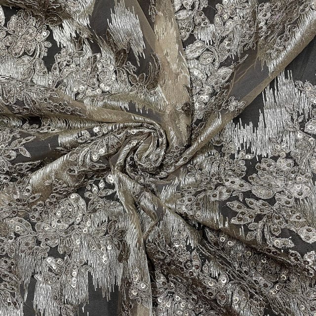 Dark Beige Colour Net Embroidered Fabric