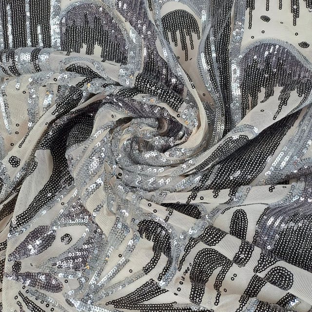 Grey Colour Sequins Embroidered Fabric