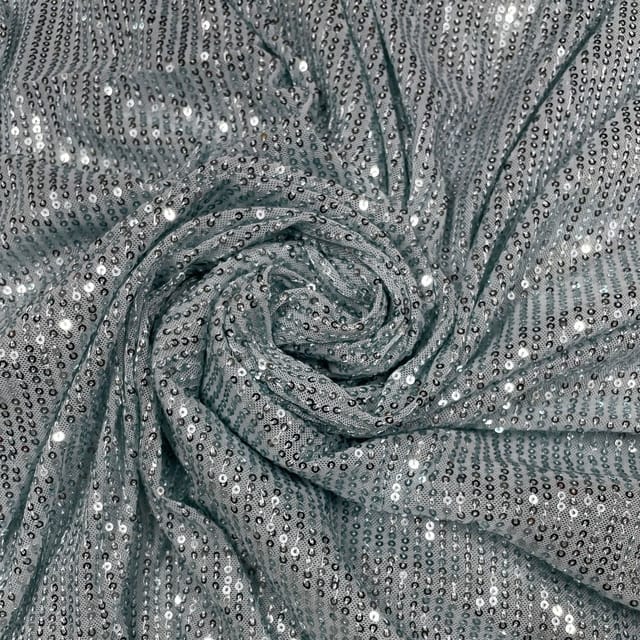 Pastel Blue Colour Lycra Sequins Embroidered Fabric