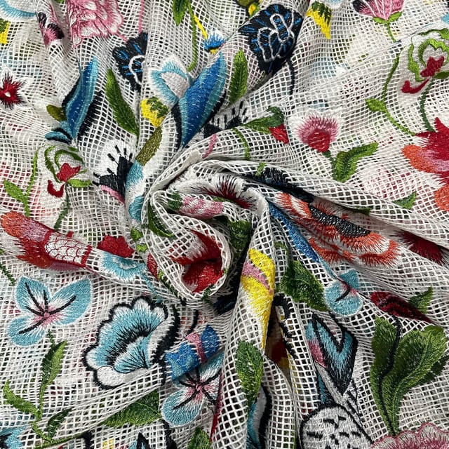 White Colour Net Embroidered Fabric
