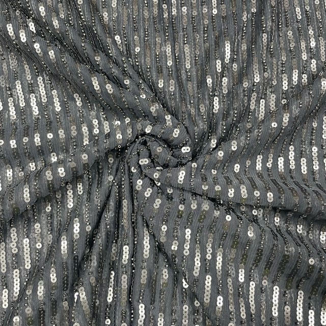 Dark Grey Colour Net Sequins Embroidered Fabric
