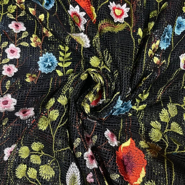 Black Colour Net Embroidered Fabric