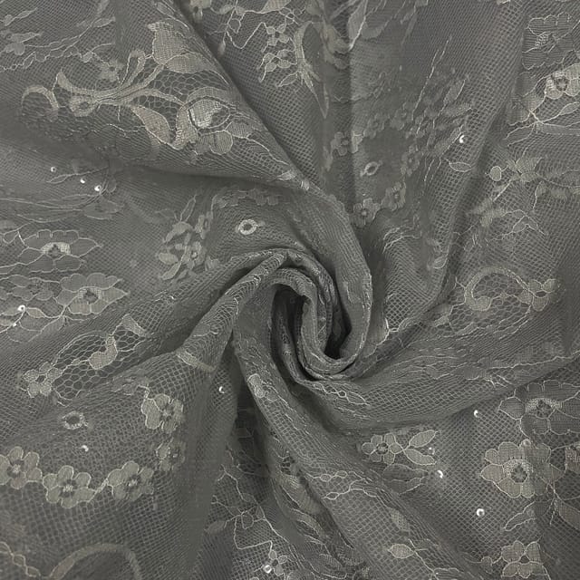 Grey Colour Organza Net Embroidered Fabric