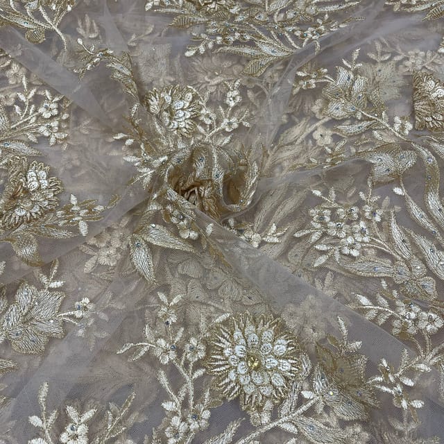 Gold Colour Net Embroidered Fabric