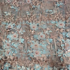 Peach Colour Net Embroidered Fabric