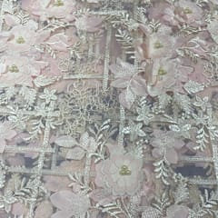 Pink Colour Net Embroidered Fabric