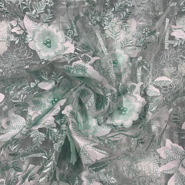 Sea Green Colour Net Embroidered Fabric