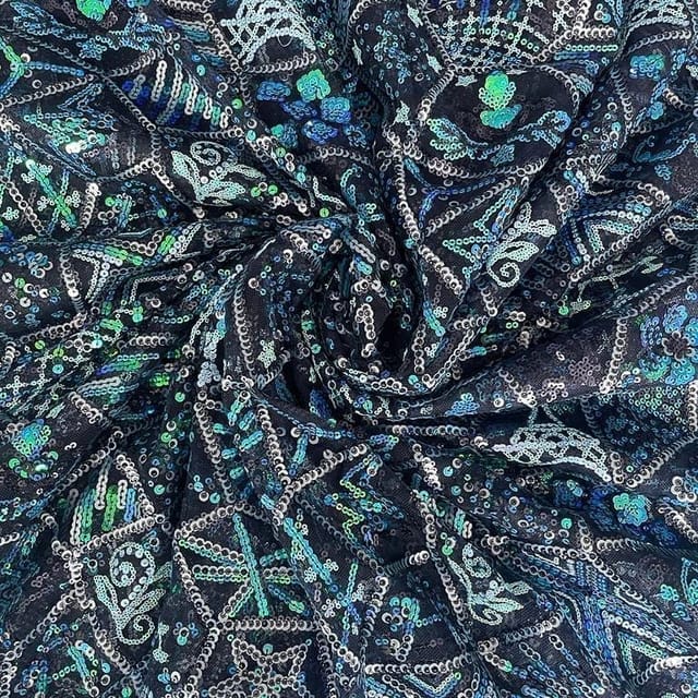 Blue Colour Net Embroidered Fabric