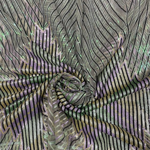 Grey Colour Net Embroidered Fabric