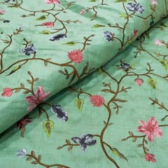 Green Colour Poly Dupion Embroidered Fabric