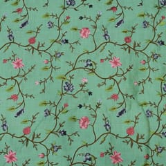 Green Colour Poly Dupion Embroidered Fabric