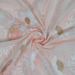 Peach Colour Cotton Embroidered Fabric