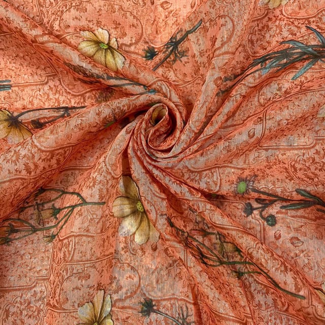 Yellow Colour Semi Chanderi Printed Fabric