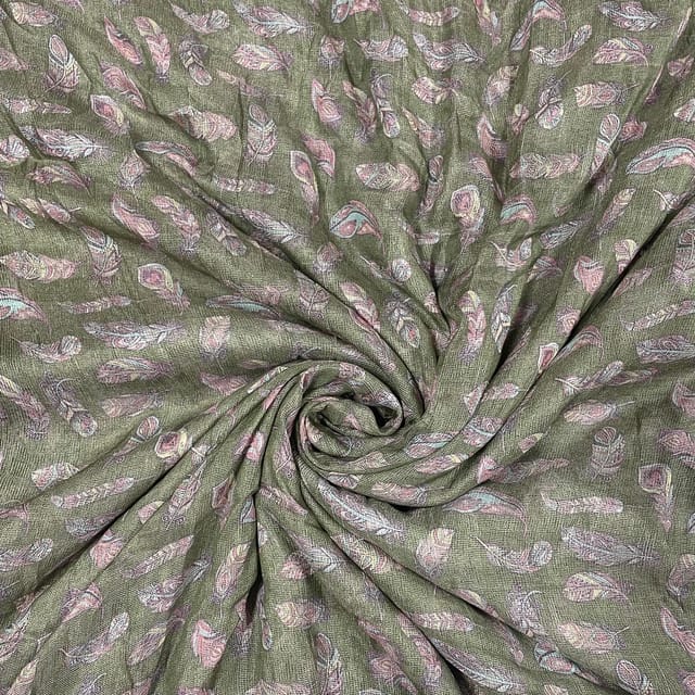 Olive Green Colour Pure Super Net Printed Fabric