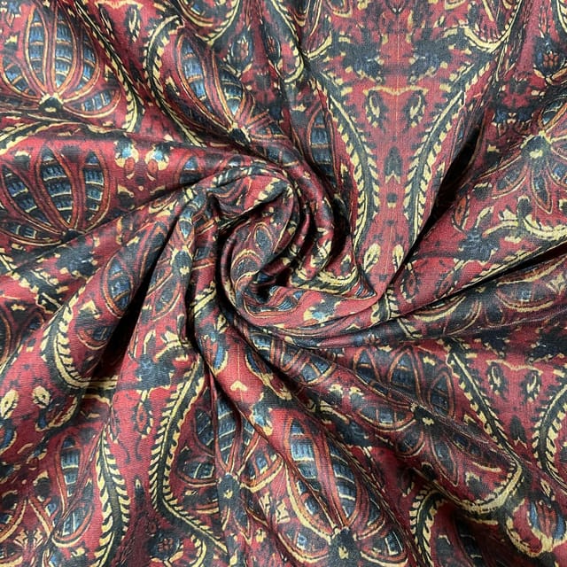 Dark Brown Colour Semi Chanderi Printed Fabric