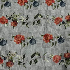 Dark Grey Colour Pure Silk Checknet Printed Fabric