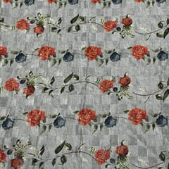 Dark Grey Colour Pure Silk Checknet Printed Fabric