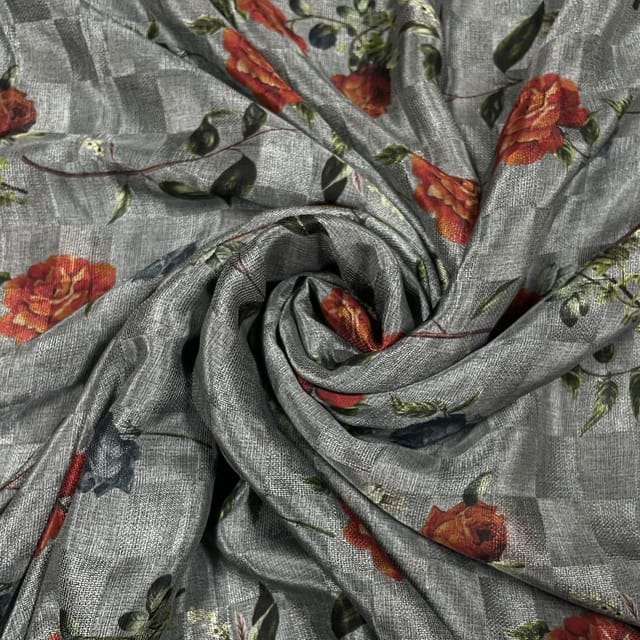 Dark Grey Colour Pure Silk Checknet Printed Fabric