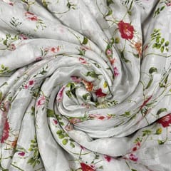 White Colour Pure Silk Checknet Printed Fabric