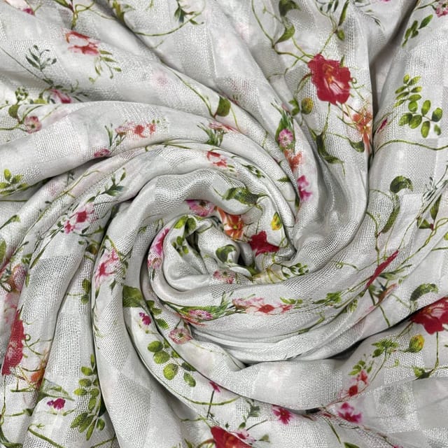 White Colour Pure Silk Checknet Printed Fabric