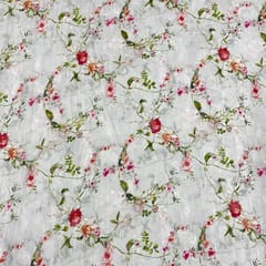 White Colour Pure Silk Checknet Printed Fabric