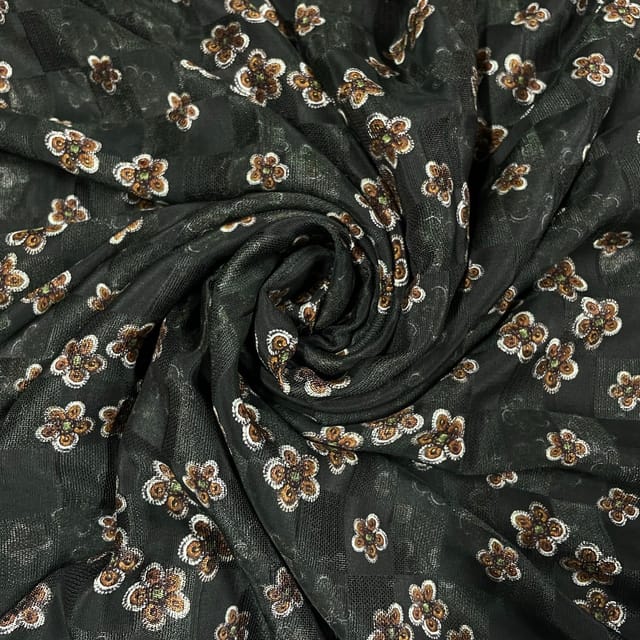 Dark Green Colour Pure Silk Checknet Printed Fabric