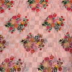 Peach Colour Pure Silk Checknet Printed Fabric