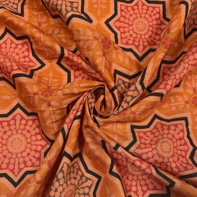 Orange Colour Pure Matka Silk Printed Fabric