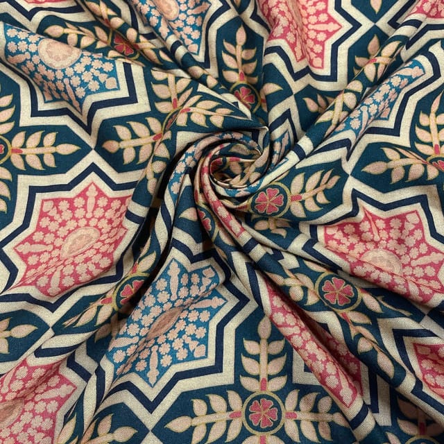 Beige Colour Pure Matka Silk Printed Fabric