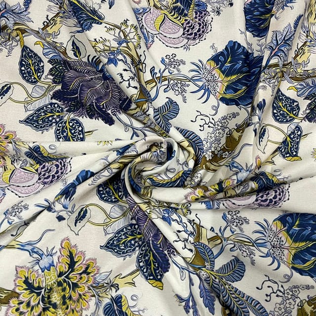 White Colour Crepe Printed Fabric