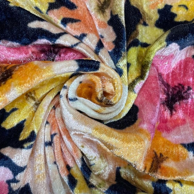 Navy Blue Colour Shimmer Velvet Printed Fabric