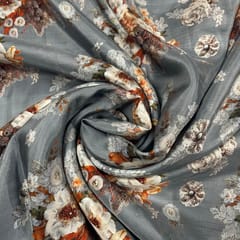 Grey Colour Pure Habutai Silk Printed Fabric