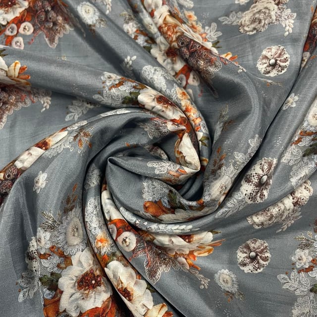 Grey Colour Pure Habutai Silk Printed Fabric