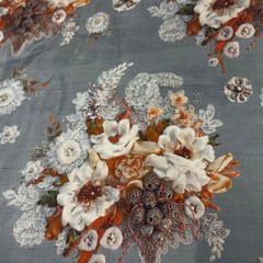 Grey Colour Pure Habutai Silk Printed Fabric