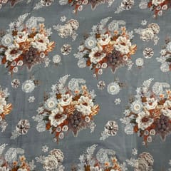 Grey Colour Pure Habutai Silk Printed Fabric