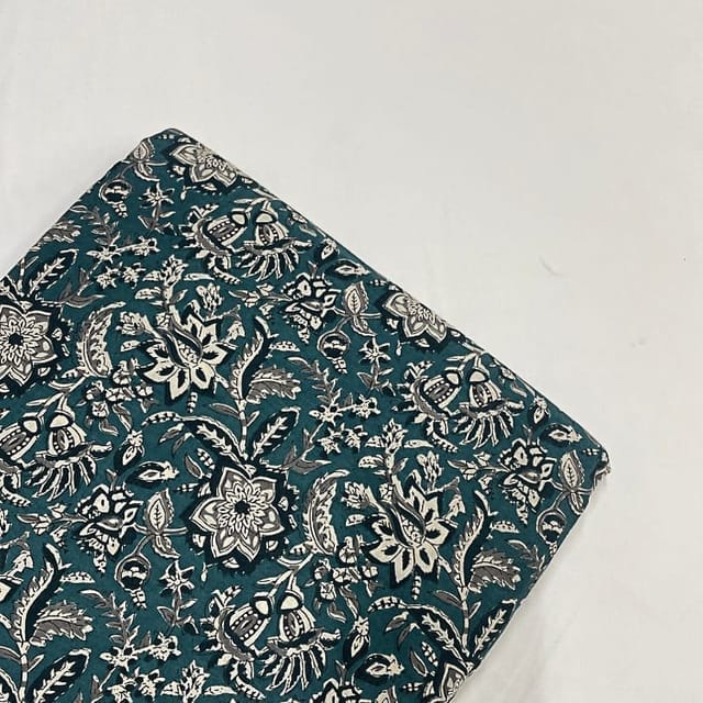 Peacock Blue Colour Cotton Cambric Printed Fabric