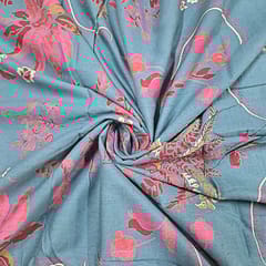 Teal Blue Colour Cotton Flex Discharge Printed Fabric