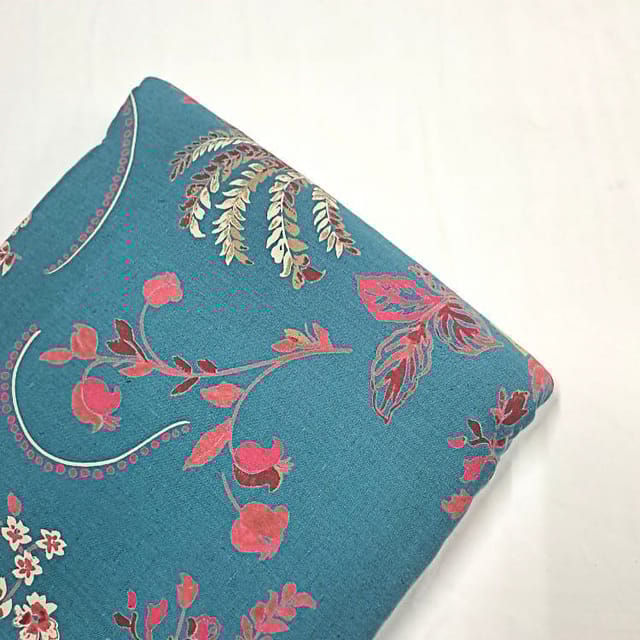 Teal Blue Colour Cotton Flex Discharge Printed Fabric