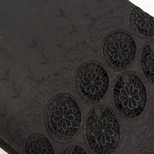 Black Colour Cotton Chikan Border Embroidered Fabric