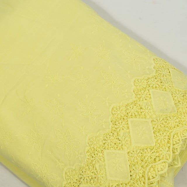 Lime Green Colour Cotton Chikan Border Embroidered Fabric