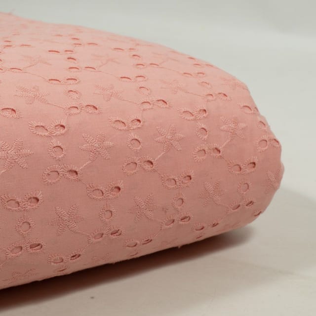 Peach Colour Cotton Chikan Embroidered Fabric