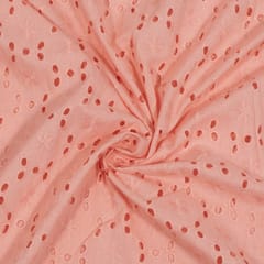 Peach Colour Cotton Chikan Embroidered Fabric