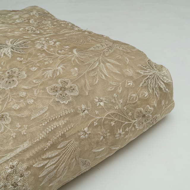 Fawn Colour Pure Organza Embroidered Fabric