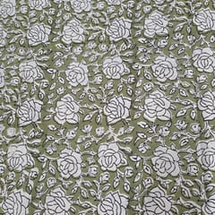 Olive Colour Cambric Cotton Bagru Printed Fabric