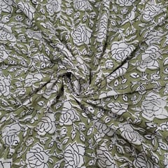 Olive Colour Cambric Cotton Bagru Printed Fabric