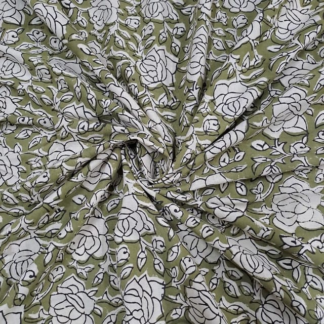 Olive Colour Cambric Cotton Bagru Printed Fabric
