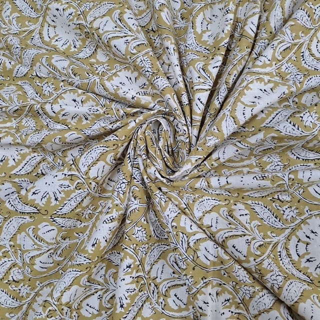 Mustard Colour Cambric Cotton Bagru Printed Fabric