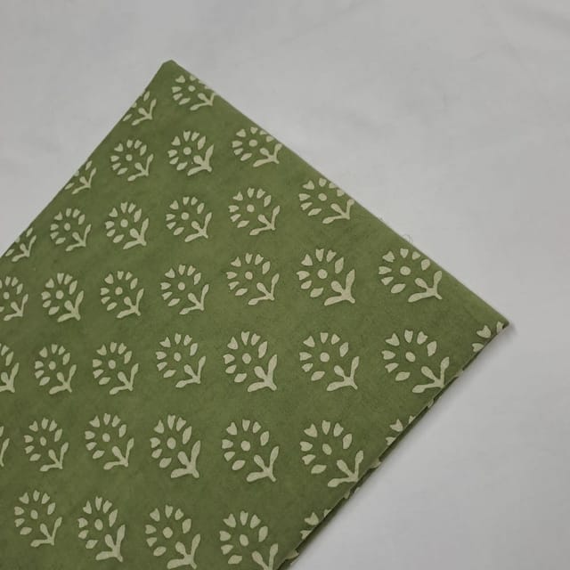 Green Colour Cambric Cotton Dabu Printed Fabric