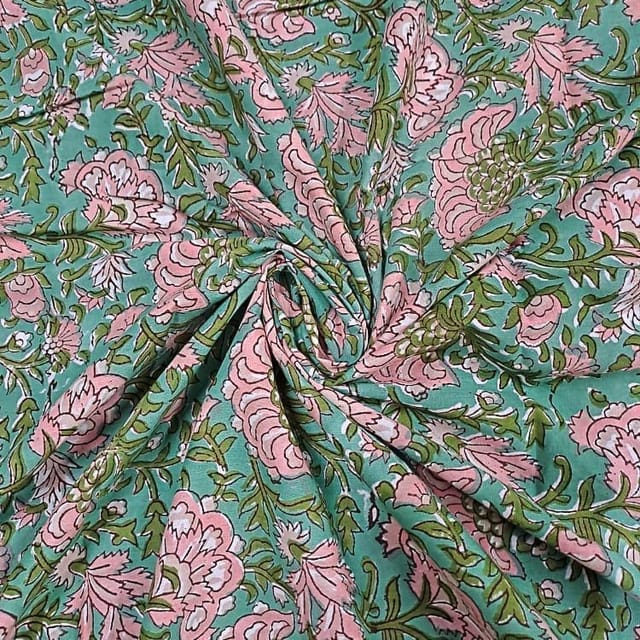 Mint Green Colour Cotton Cambric Printed Fabric