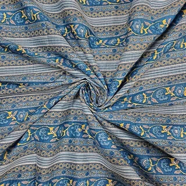 Teal Blue Colour Cotton Dobby Printed Fabric